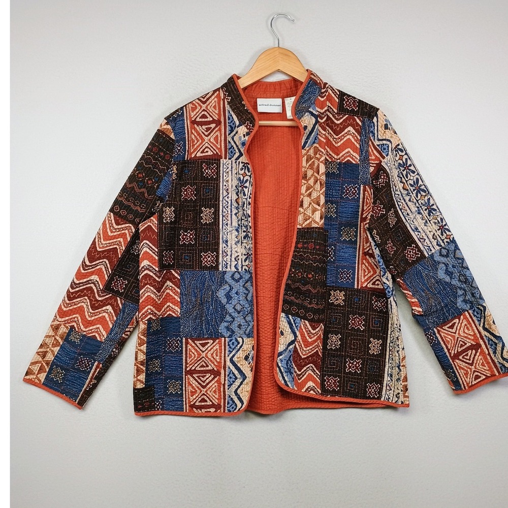 Boho Eclectic Alfred Dunner‎ Womens 10 Orange Blue Quilted Patchwork Open Jacket